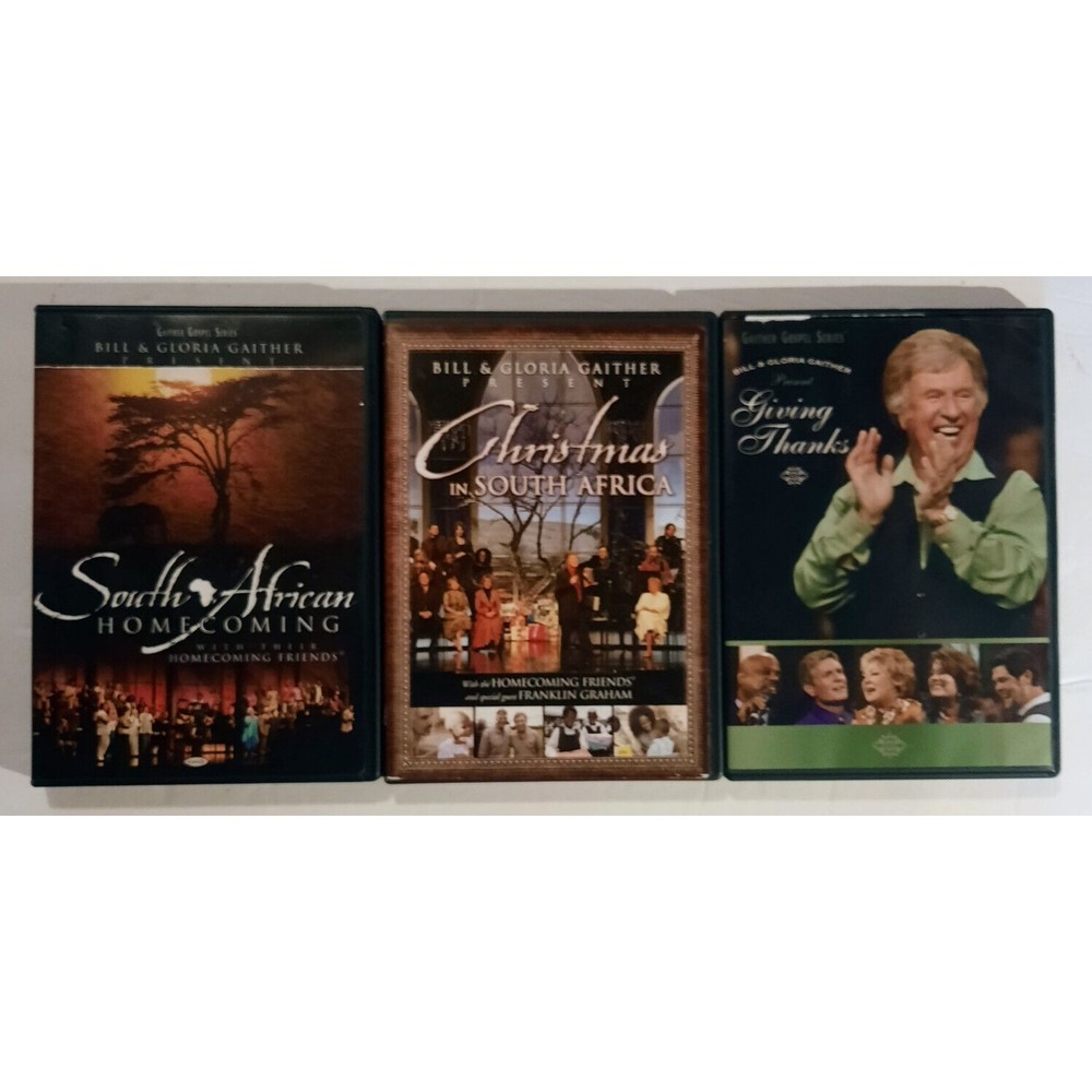 3 Bill & Gloria Gaither DVDs - Giving Thanks, Christmas in South Africa, SA Home